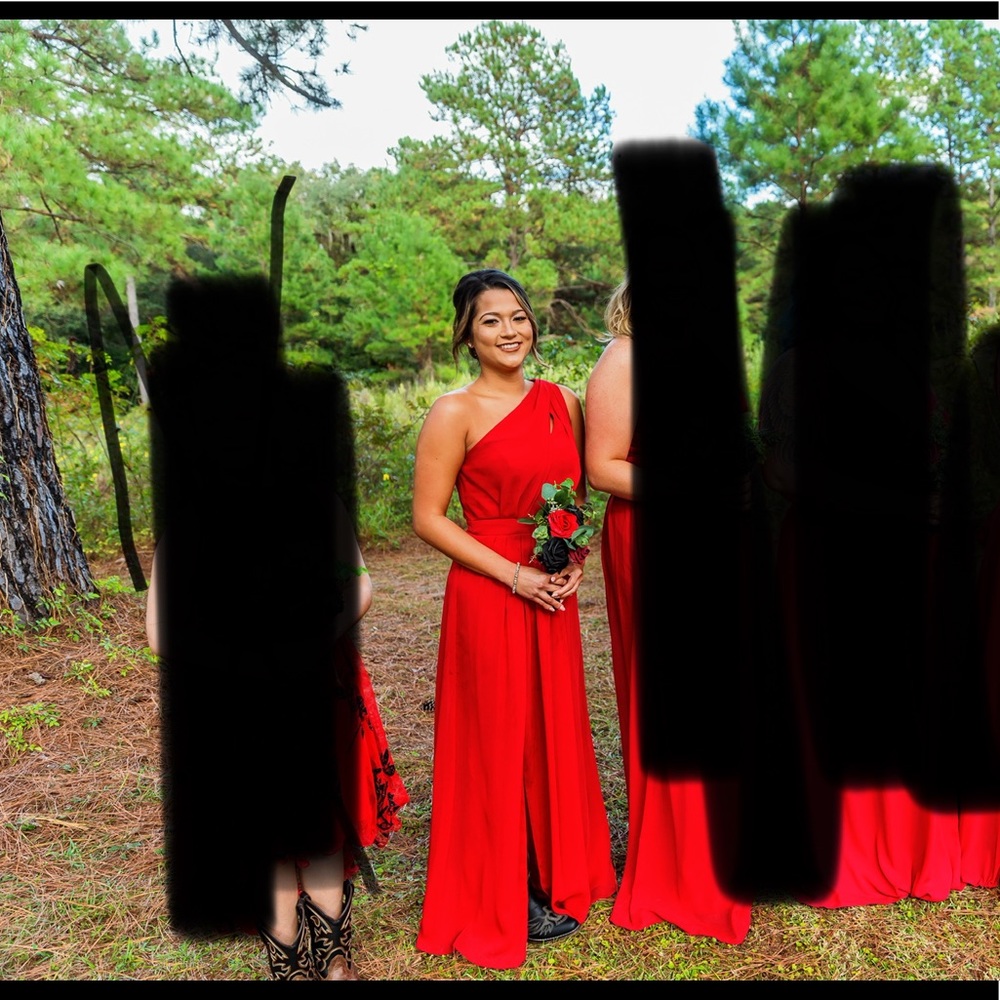 Davids bridal apple red chiffon gown